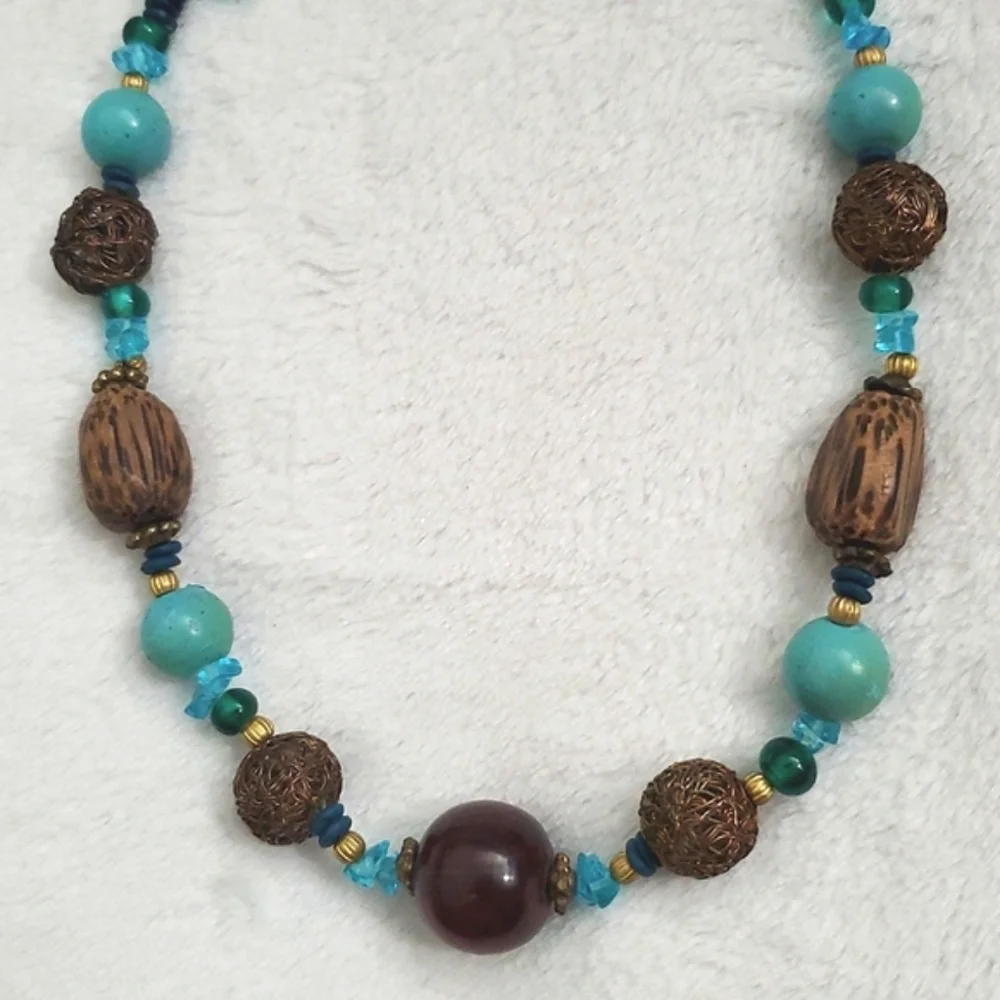 Artisan Made Turquoise and Brown Beaded Necklace